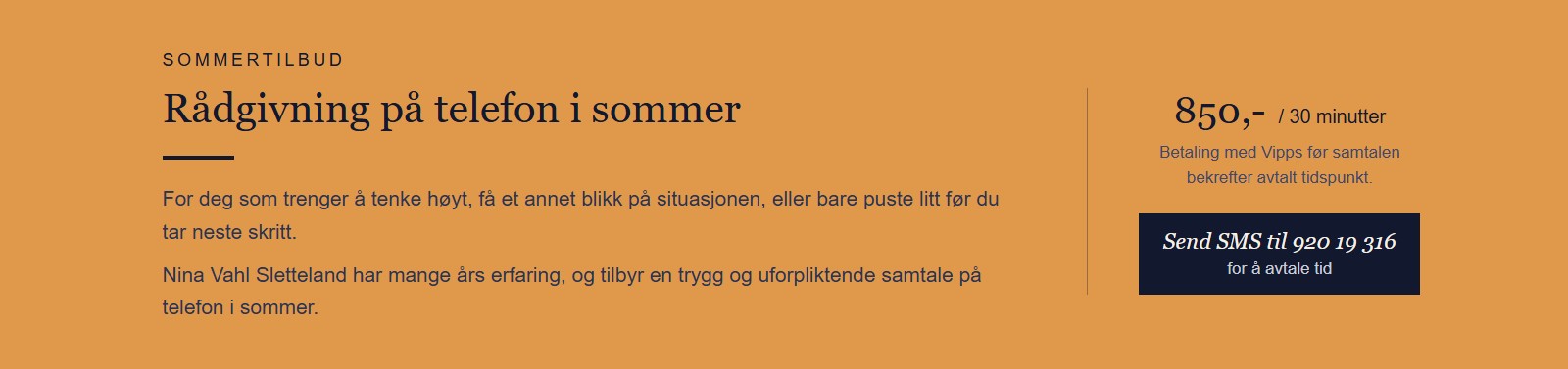Sommertilbudside med tekst «Rådgivning på telefon i sommer», pris 85 kr og SMS-knapp.